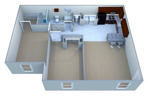 A 3D image of a house layout with a kitchen, living room, and bathroom.
